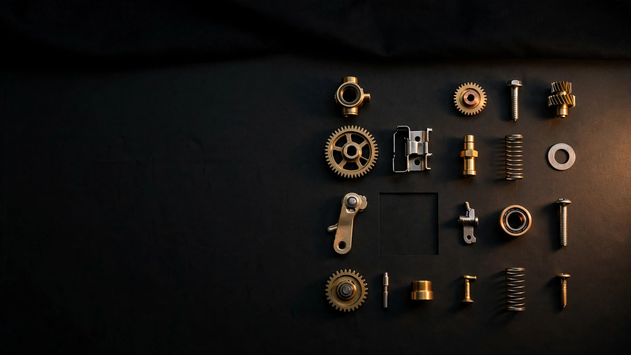 A disassembled mechanical device laid out in exploded order on dark cloth.