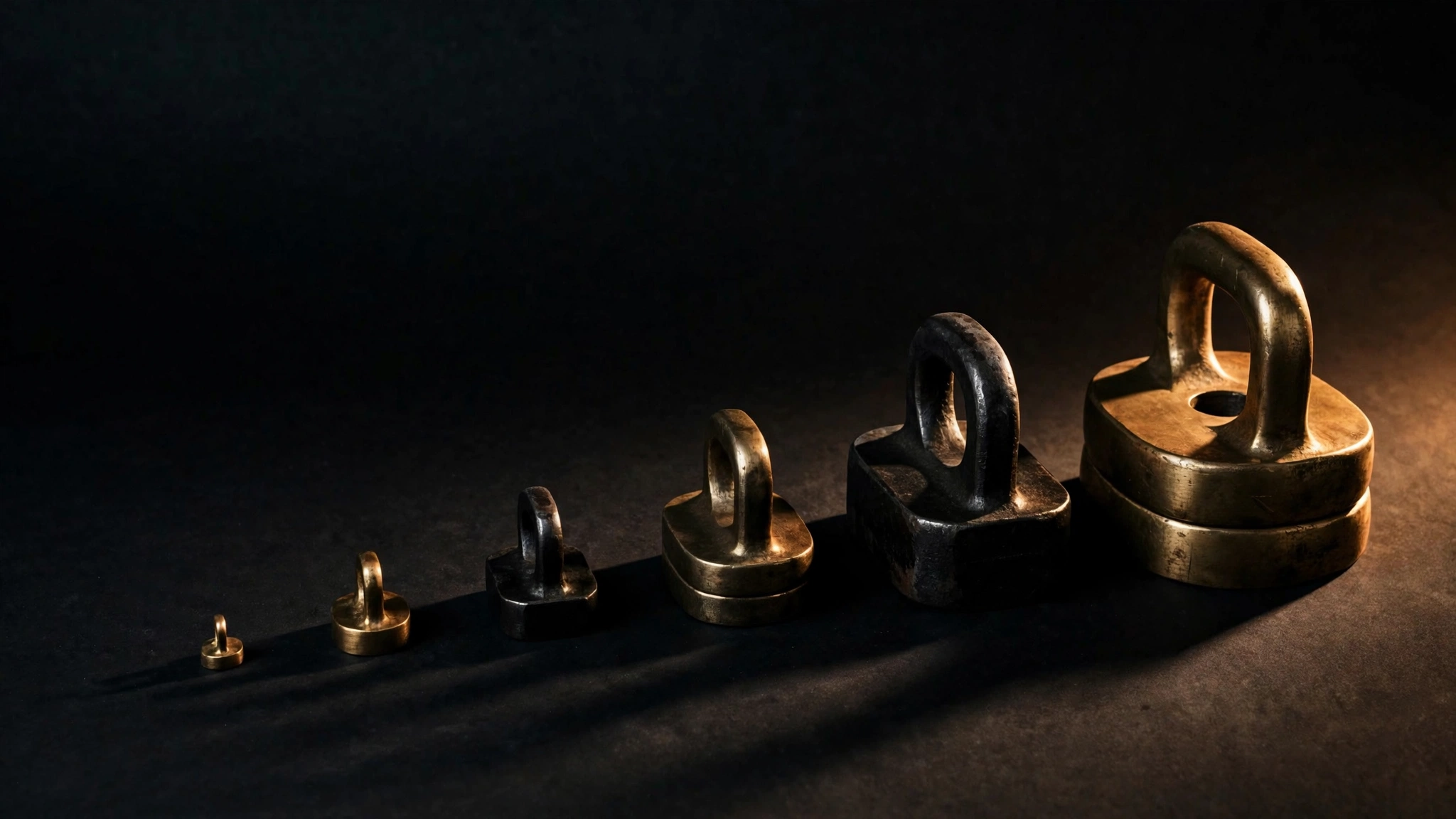 Graduated brass and blackened-steel counterweights in an uneven descending row.