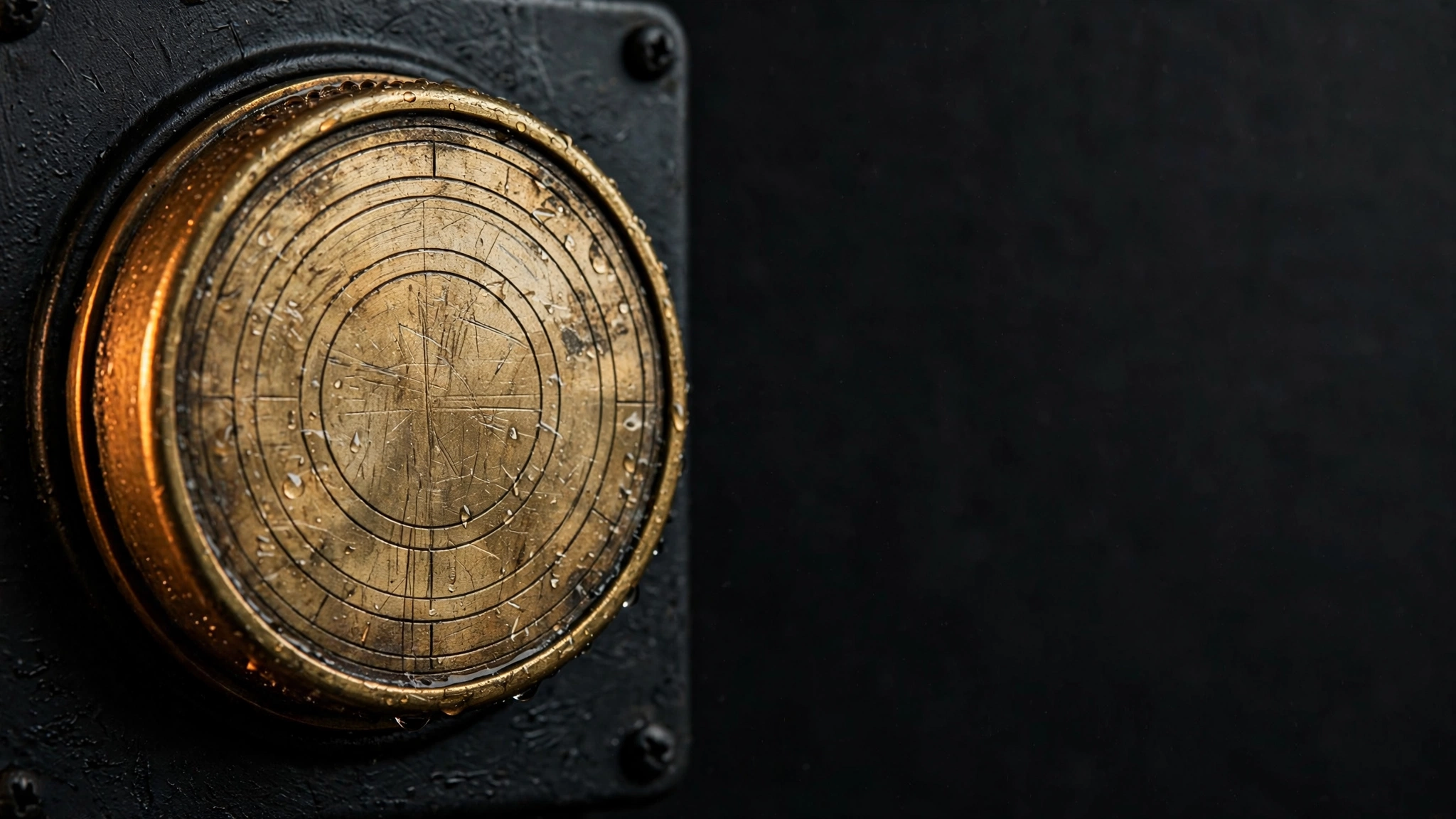 A brass utility meter dial in close macro, warm light on worn metal.