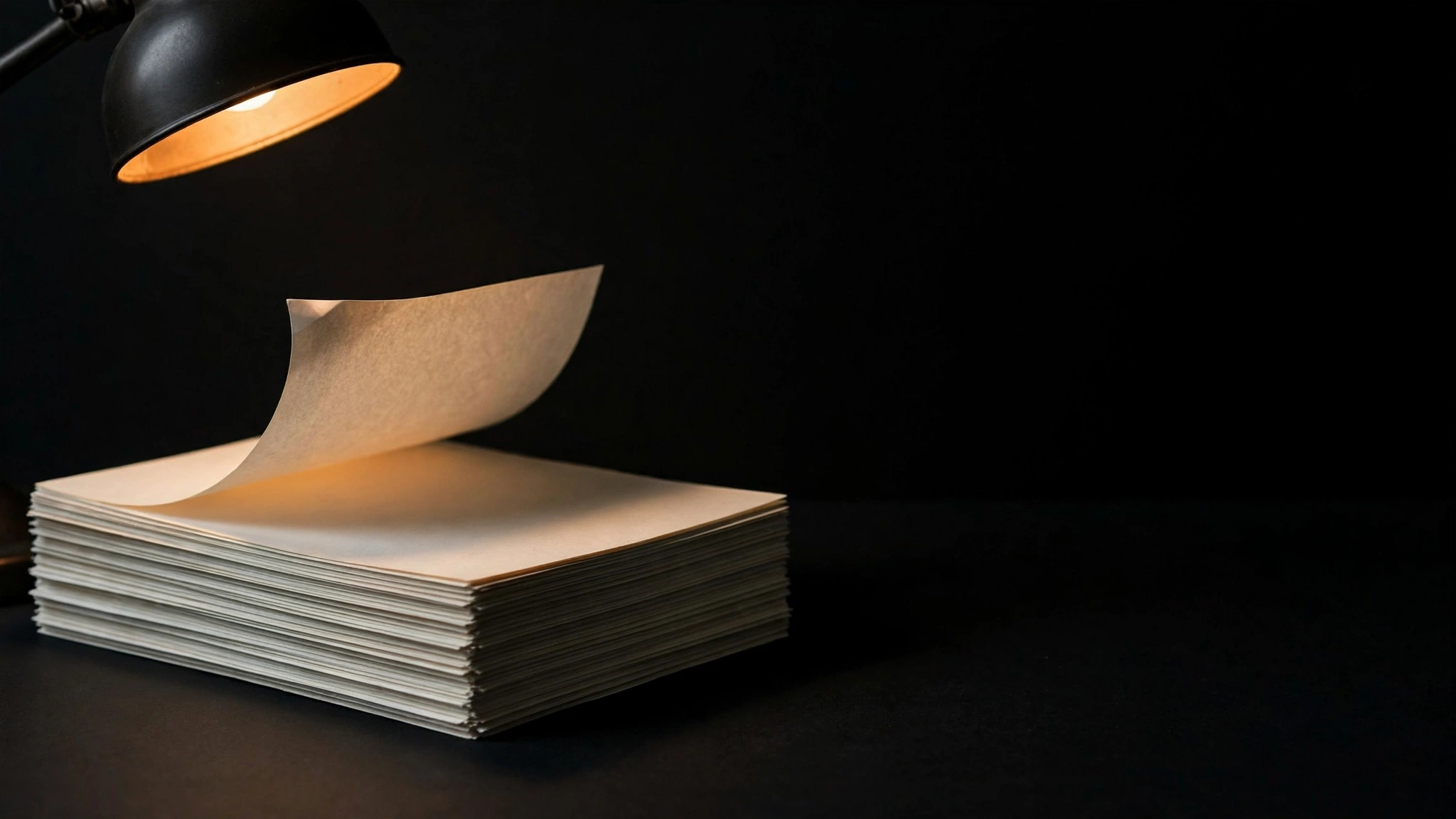 A stack of plain paper under a single lamp on a dark desk, the top sheet lifted.